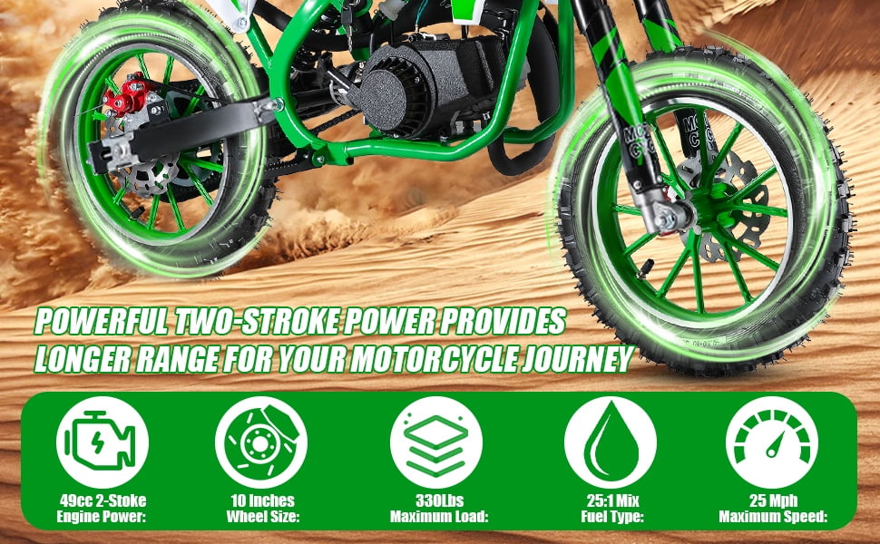 Kids Dirt Bike - 49cc 2-Stroke Gas Power with Front & Rear Disc Brakes, Off-Road Mini Motorcycle & Pocket Motorbike (Green)