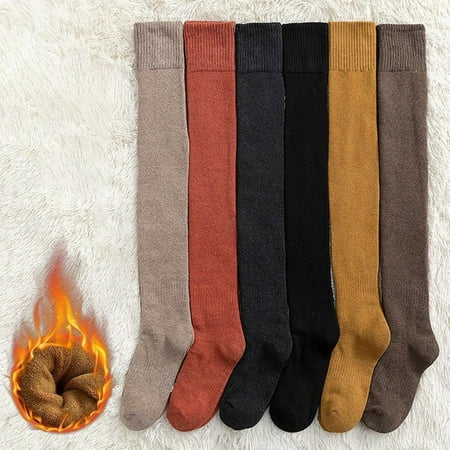 

2 Pairs Women Over Knee Socks Thigh High Stocking Thickened Plush Solid Color Stretchy Super Soft Keep Warm Windproof for Autumn Winter Brown