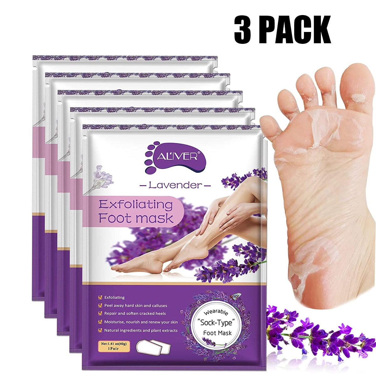 Foot Peel 3 Pair/box, Exfoliator Peel Off Calluses Dead Skin Callus Remover, Baby Soft Smooth Touch Feet-Men Women (Lavender)