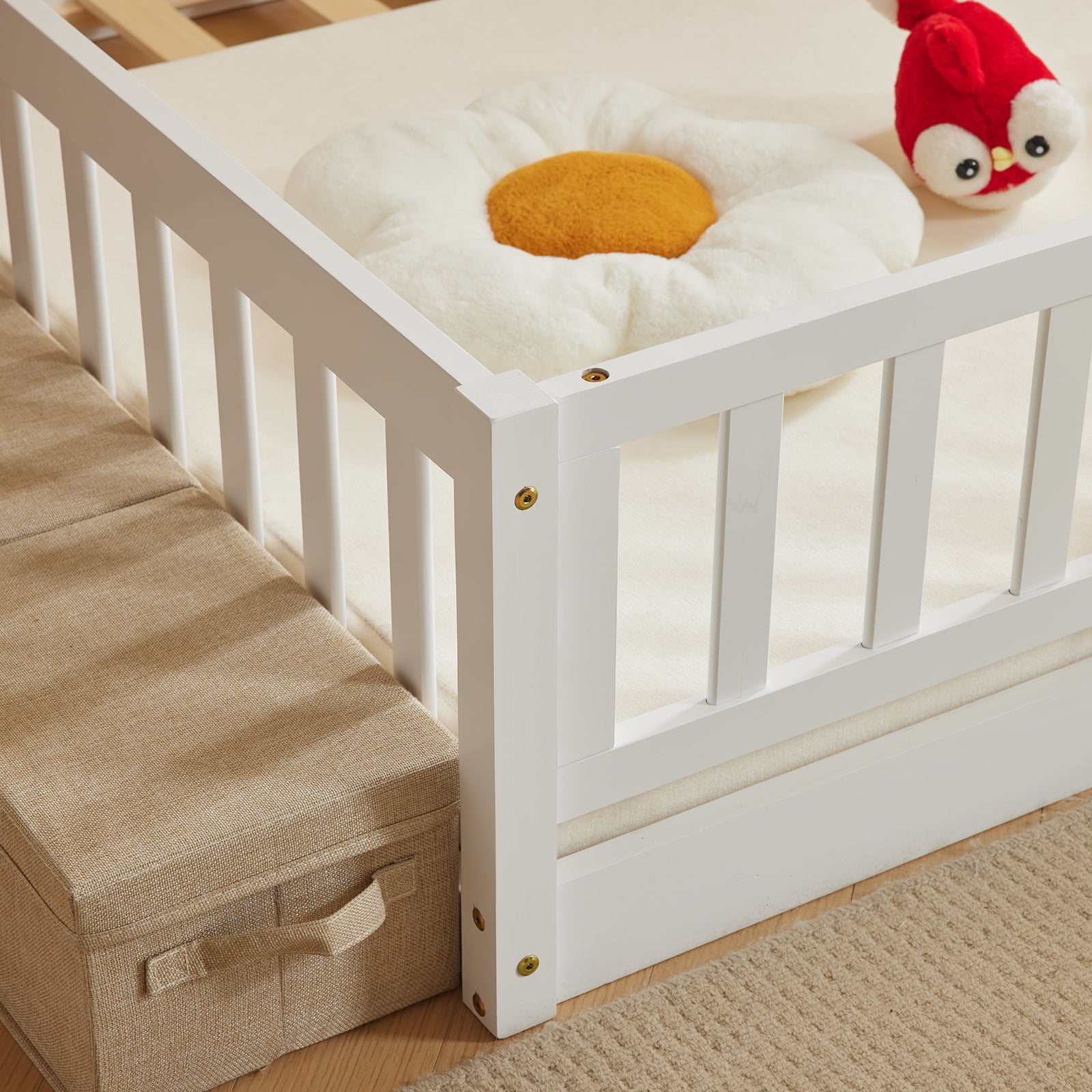 Ktaxon Montessori Full Floor Bed with Safety Guardrails, Toddler Bed Frame for Kids, Wood Frame - White