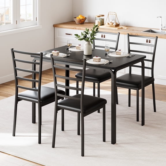 EastVita 【5 Piece Dining Table Set】For Home Kitchen Small Space Breakfast Nook,4 Faux Leather Metal Frame Chairs,Dining Table for 4,Black