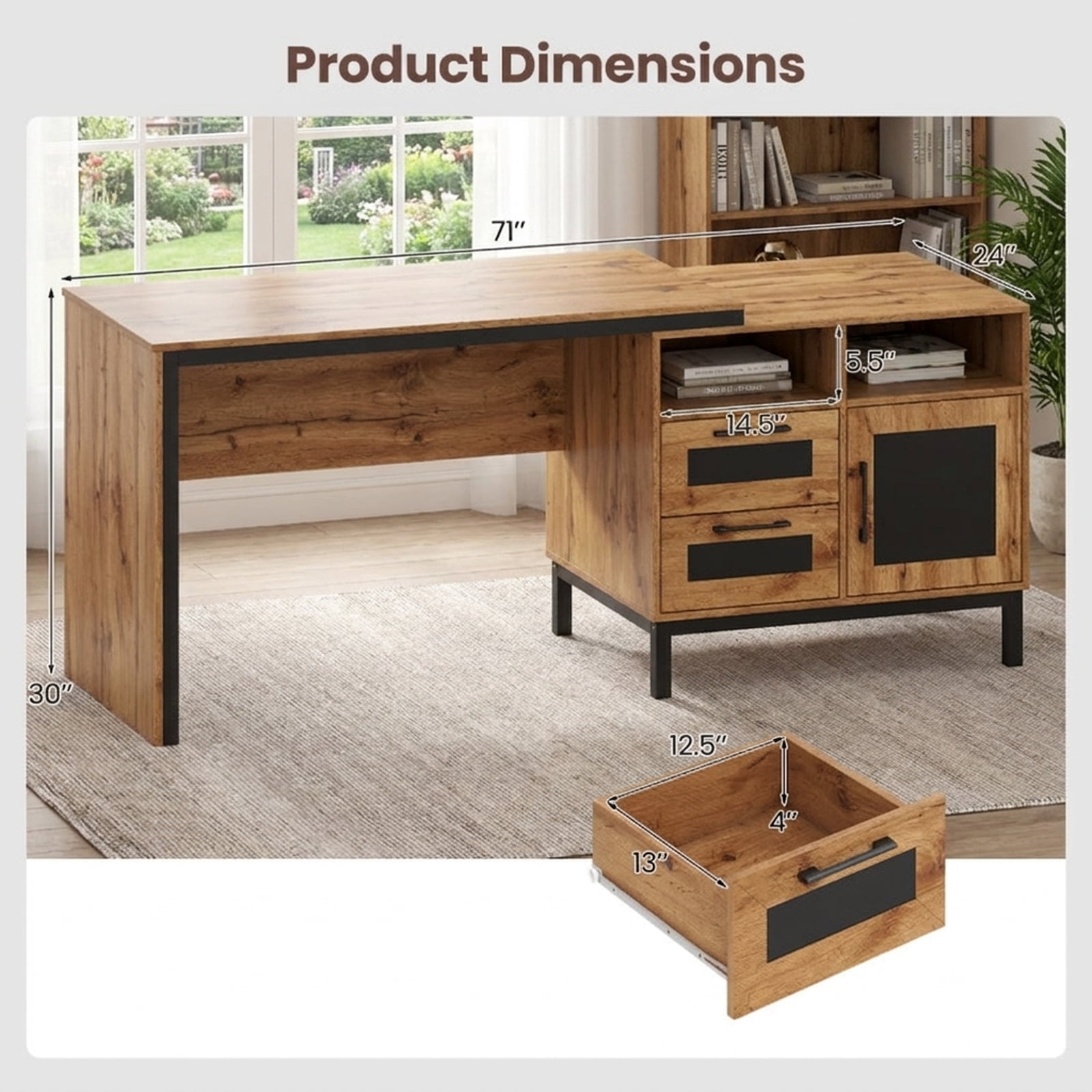 Furnibear Computer Desk 71 Inch Computer Table with Open Compartments and Drawers, Natural