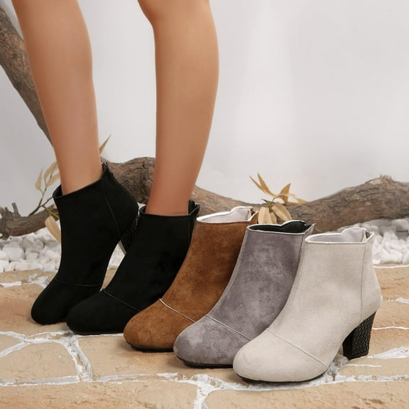 Lovzfmll Wide Calf Boots for Women, Ankle Boots High Heel Round Toe Back Zipper, Block Heel Booties Chelsea Boots Casual Black Boots