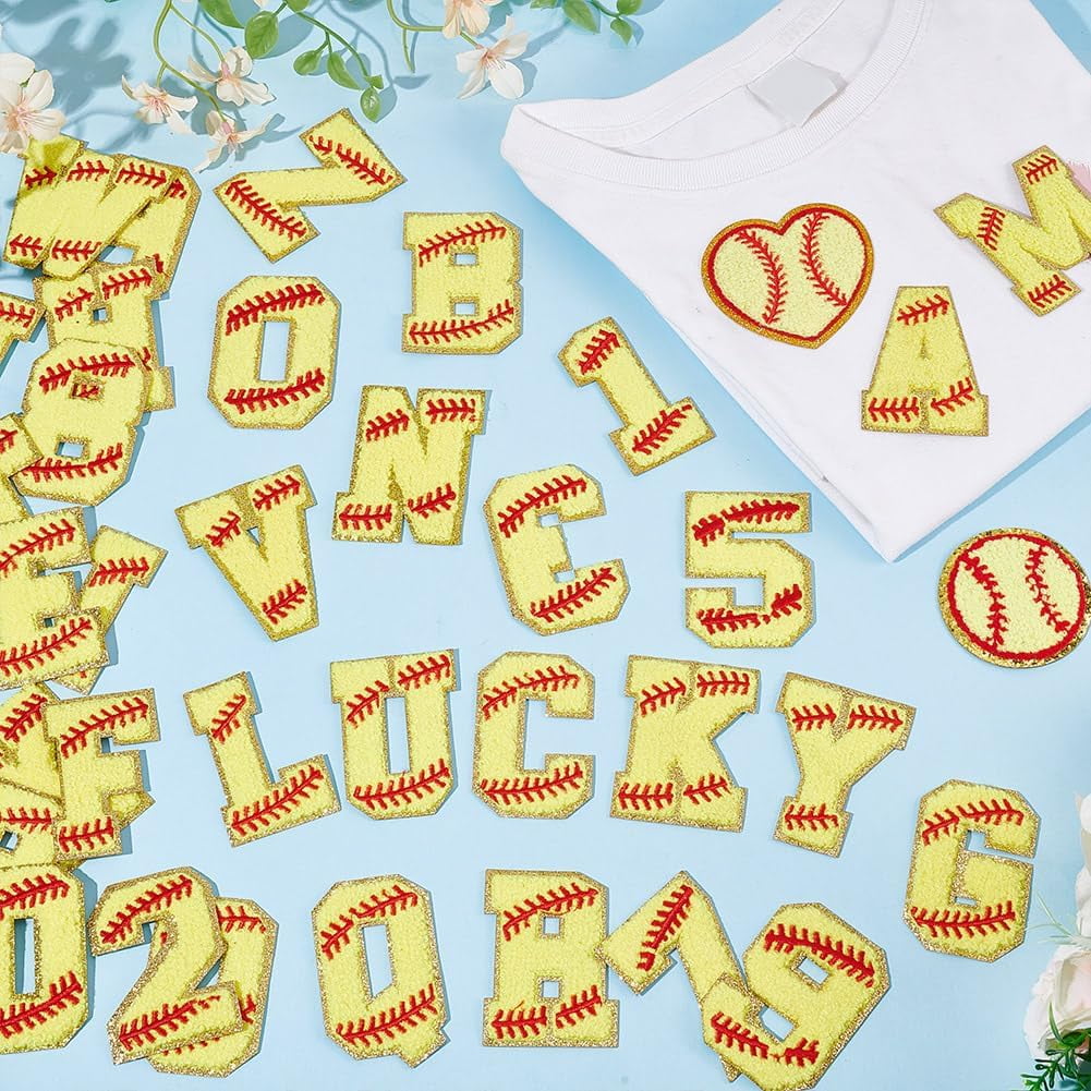 38 pcs Letter Numbers Patches Ball Softball Patches Iron on Letter Chenille Patches Gold Baseball Style Embroidered Patches for DIY Clothes Backpack Hats Shirt Jeans DIY Accessories