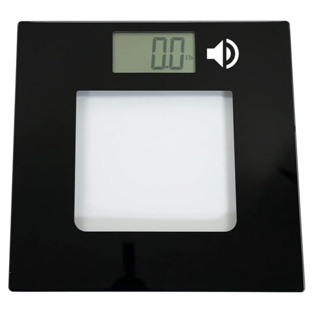 Báscula digital parlante de vidrio extra ancho - Báscula con pantalla visual y de voz precisa para peso corporal - Máximo de 395 libras - Vidrio de seguridad de gran ancho - Pantalla LCD grande - Ence