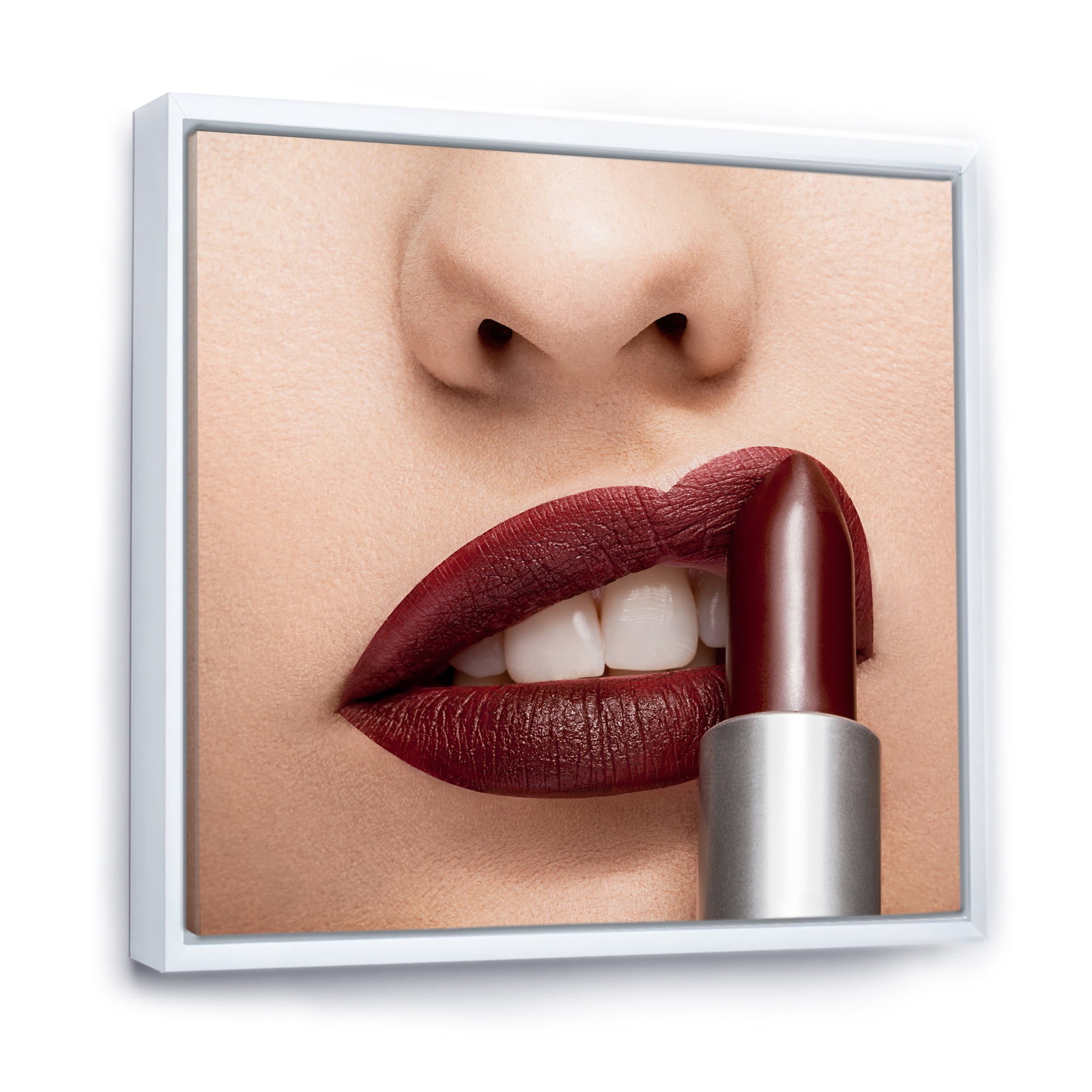 Designart 'Red Lipstick Getting Applyed On Woman Lips' Modern Framed Canvas Wall Art Print