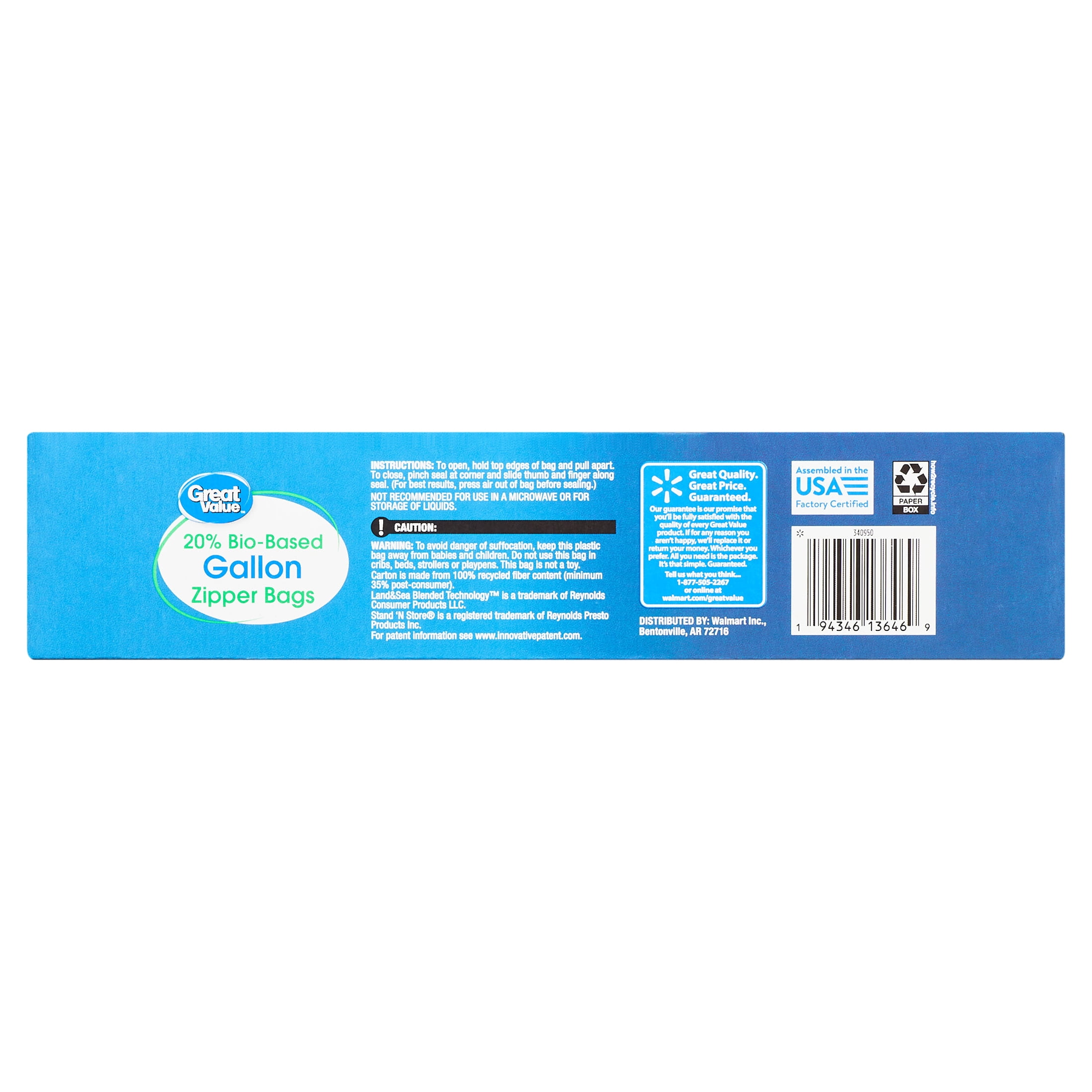 (12 pack) Great Value Reclosable Gallon Bags, Made with Bio-Based Materials, 20 Count