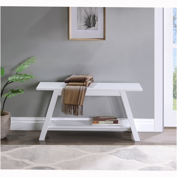 JERFIT Solid Wood Bench with Shelf 36.10-Inch Long White