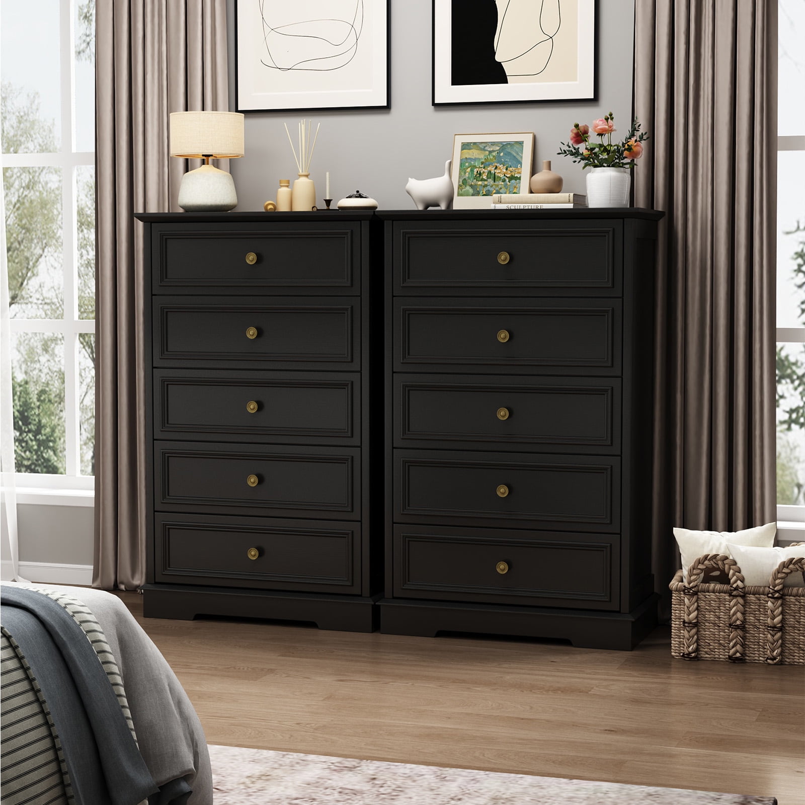 5 Drawer Dresser for Bedroom, Retro Wood Storage Cabinet with Antique Bronze Round Handles, Vintage Chest of Drawers with Solid Base for Living Room, Hallway, Entryway, Guest Room, Black