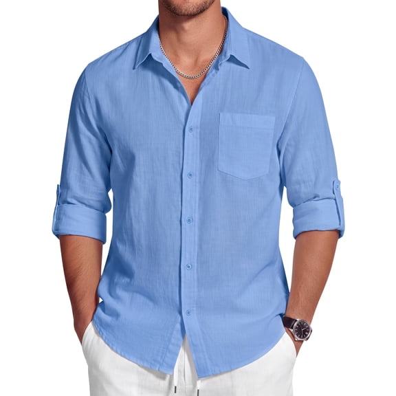 GENTS BLISS Men Linen Shirts Long Sleeve Button Down Shirts for Men Roll-up Solid Shirts with Pocket