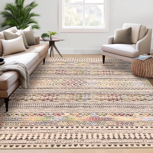 YUSAZENS 8 x 10 Geometric Bohemian Area Rug, Machine Washable Farmhouse Accent Rug, Non-Slip Throw Carpet for Living Room, Bedroom, Hallway Decor Multicolor