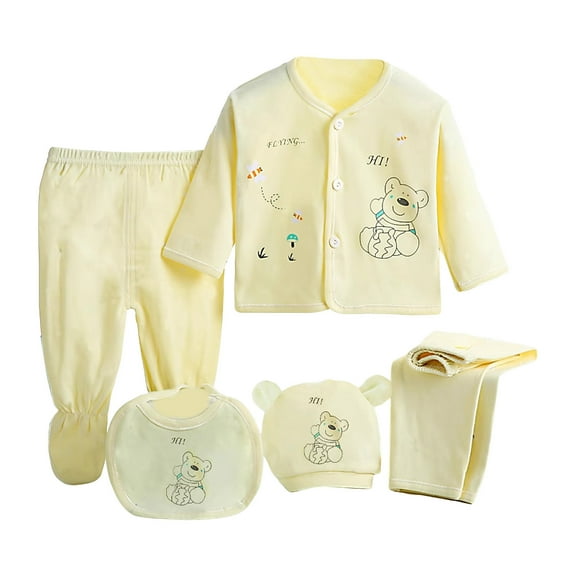 Yammkia 5PCS Newborn 0-3M Boys Girls Baby Cotton Clothes Tops Hat Pants Suit Outfit Sets OneSize 0-3 Months (Yellow,0-3 Months)