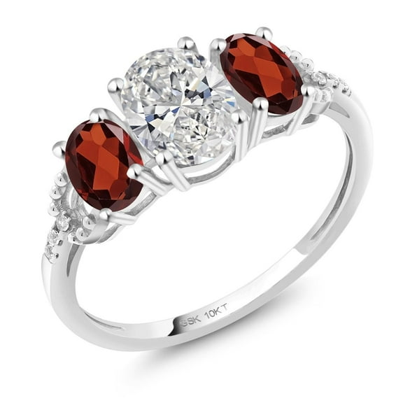 Gem Stone King 10K White Gold IGI Certified Lab Grown Diamond and Red Garnet 3-Stone Engagement Ring | 2.16 Cttw | Center Oval Diamond 1.00 Ct | E-F Color | VS1-VS2 Clarity (Size 7)