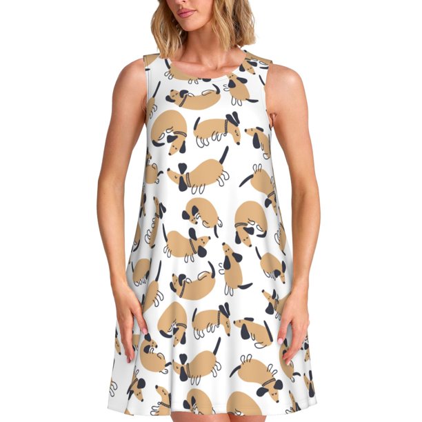 Fotbe Dachshund Dog Puppy Vestido de Verano sin Mangas para Mujer – Vestido Midi Línea A, Estilo Camiseta Floral, Vestido Playero Casual y Fluido