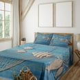 thumbnail image 3 of Ambesonne Marine Fitted & Top Sheet Set with Shams, Wooden Fish Shell on Net, Beige Sky Blue, 3 of 8