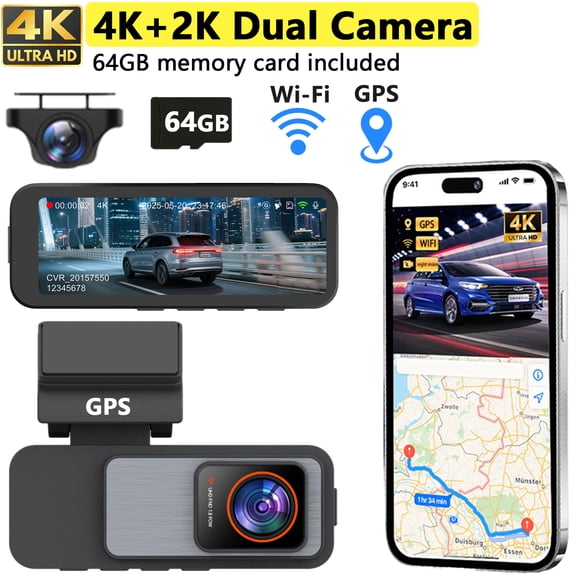 Gotomi Dash Cam Front and Rear, 4K 2K Dual Dash Camera for Cars, Dashboard Dashcam with Night Vision, Parking Monitor, WiFi, GPS,64GB Card Included