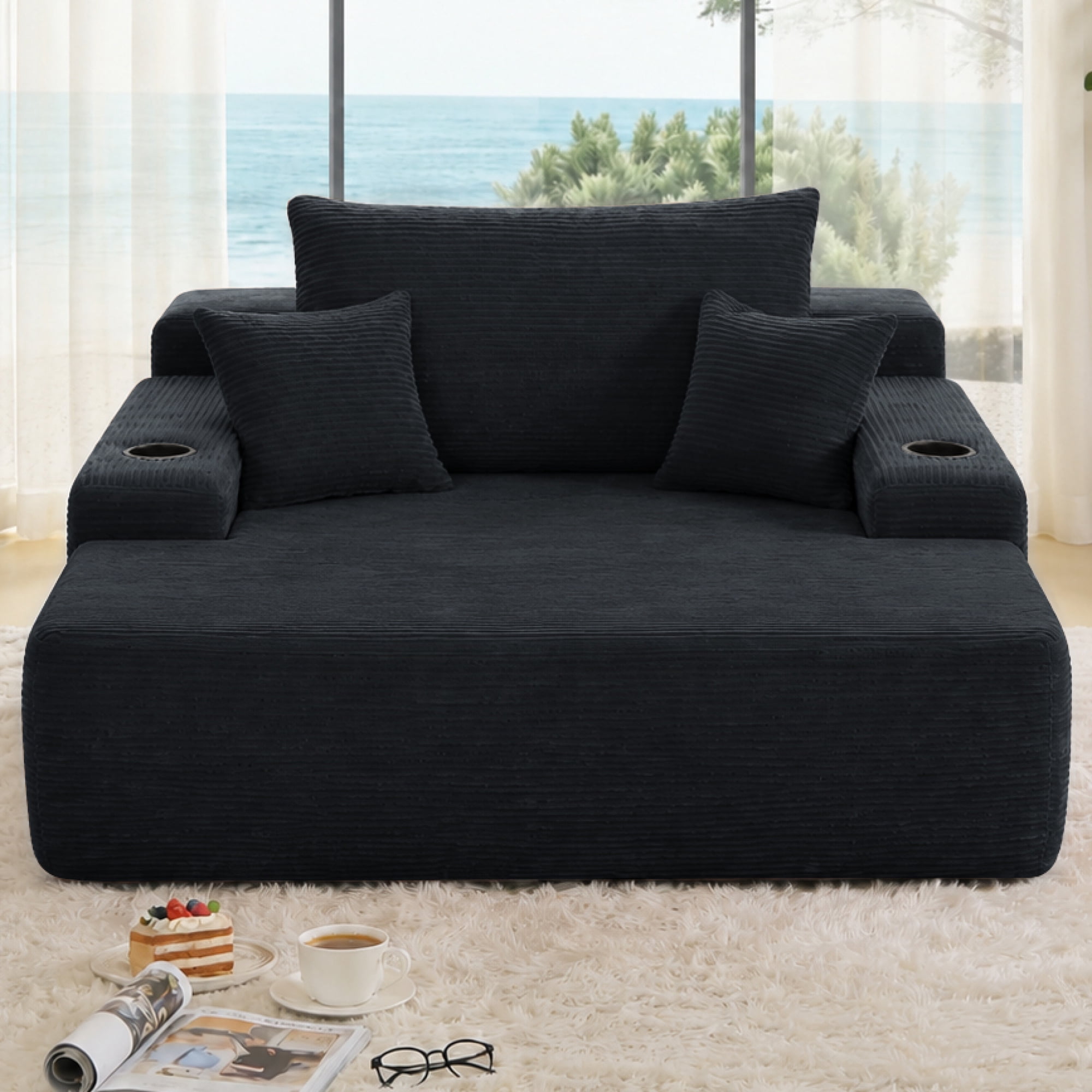 Leumius Oversized Chaise Lounge Chair Indoor,Upholstered Corduroy Cloud Couch Boneless Sofa Bed with Wide Armrest & Throw Pillows,Cup Holder for Living Room,Bedroom,No Assembly Required,Black