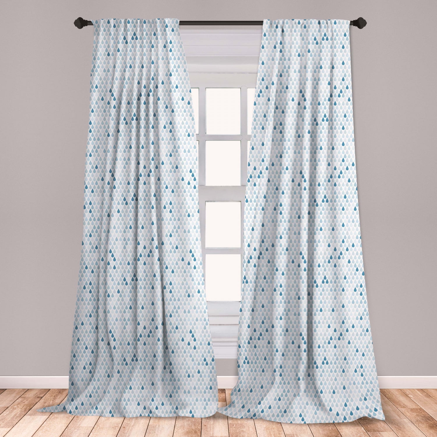 Blue and White Curtains 2 Panels Set, Minimalist Rain Drops Motive in