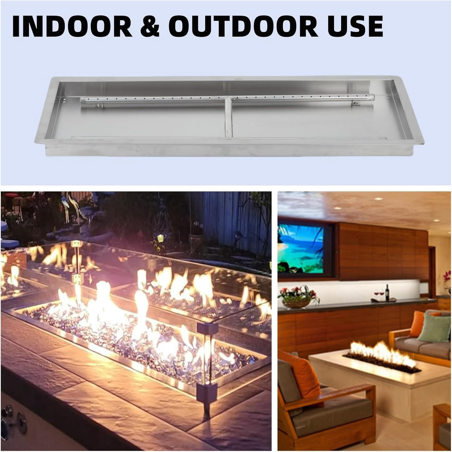 ChaoLink 30x10 Inch Stainless Steel Drop-In Square Fire Pit Burner Kit for DIY Propane & Natural Gas Fire Pits