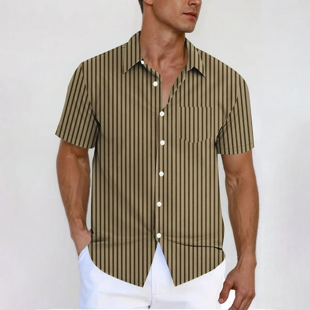 Liquidation d'Été Ofreoo Chemise Cardigan à Manches Courtes Verticales Col Rabattu avec Boutons et Poches pour Hommes