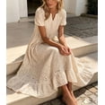 thumbnail image 4 of sicmoss Women's Apricot Eyelet Lace Short Sleeve Midi Dress with Ruffle Hem Floral Cotton and Pocket, 4 of 7