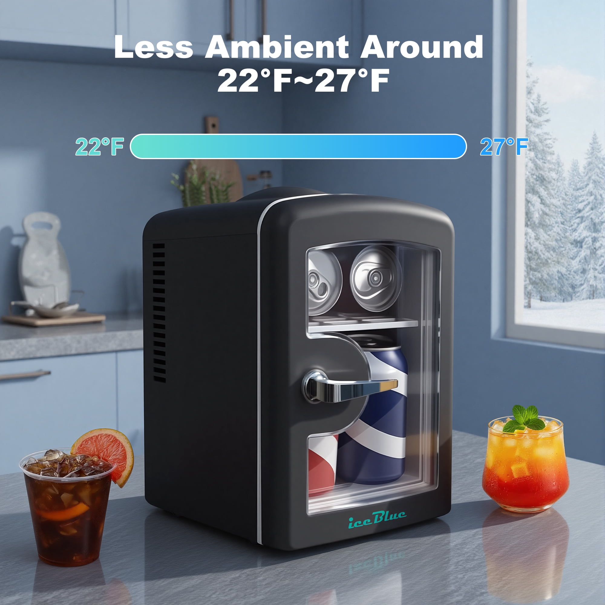 iceBlue 4L Mini Fridge for Cosmetics and Drinks, Car/Home Use (Black), Skincare Refrigerator, Transparent Window and Retro Chrome Handle