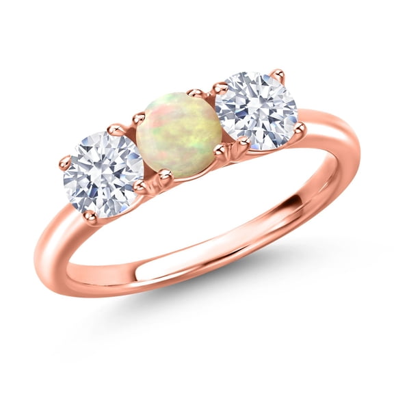 Gem Stone King 18K Rose Gold Plated Silver White Ethiopian Opal and White Zirconia Engagement Ring for Women | 1.80 Cttw | Round Cabochon 5MM | Gemstone October Birthstone | Size 5