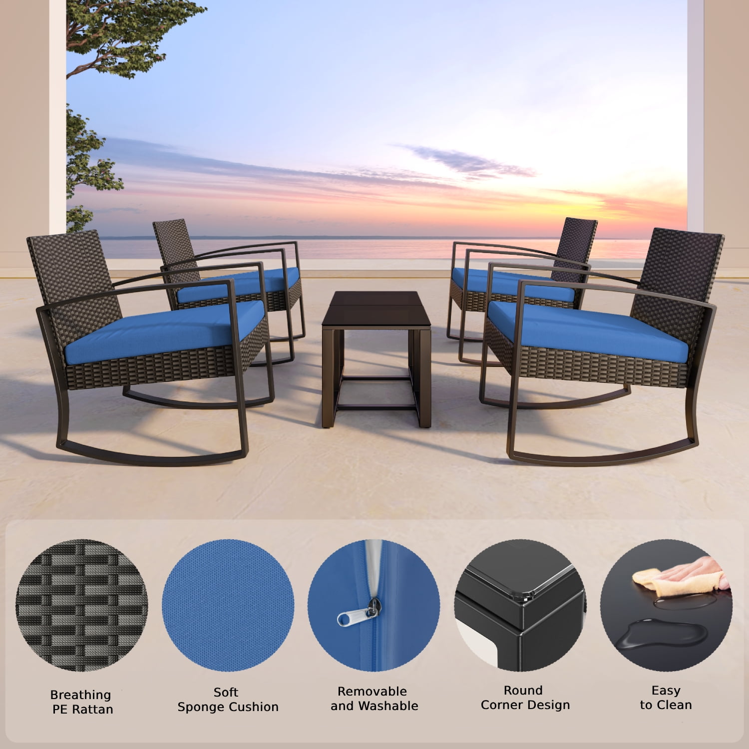 Lofka 3 Pieces Patio Bistro Chairs Set Outdoor Patio Furniture Sets with a Coffee Table, for Patio, Garden and Bistro, Blue Cushion