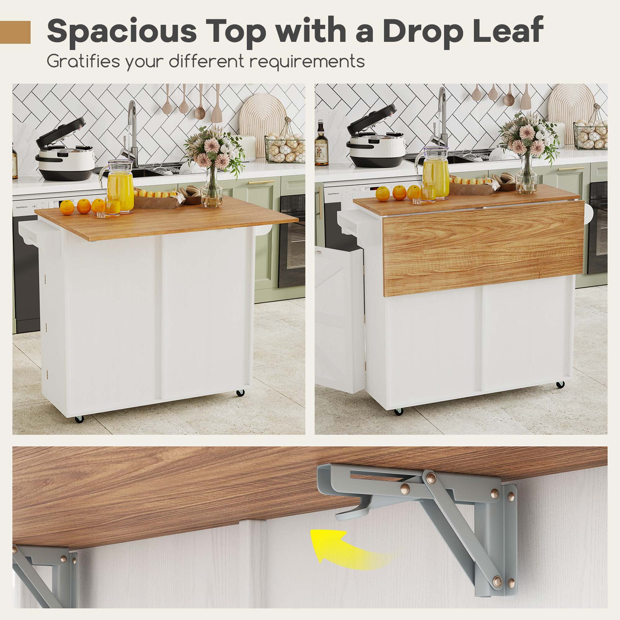 Costway Rolling Kitchen Island Kitchen Island Cart with Drop Leaf Trash Can Cabinet White