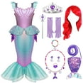 thumbnail image 3 of Joyfy Little Girls Mermaid Princess Costume Purple Dress with Crown & Wig for Halloween Ages 5-7, 3 of 7