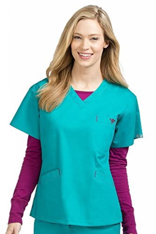 Med Couture Women's Signature VNeck Scrub Top, Real Teal/Sangria, X