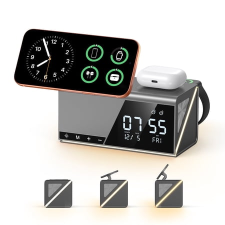 4URPC 6-in-1 Alarm Clock Wireless Charging Station for Apple Multiple Devices,MagSafe Charging Dock for iPhone 17/16/15/14/13 Series, Apple Watch, AirPods,Wireless Charger with Night Light/Alarm Cloc