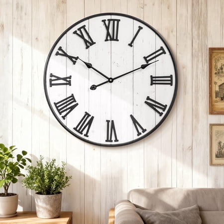 MODE HOME 24 inch White Roman Numeral Metal Wall Clock, Large Silent Non-Ticking Farmhouse Wood Decorative Clock for Living Room