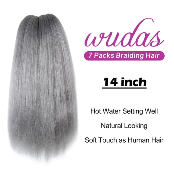 WEIF-Silver Grey Braiding Hair 14 Inch Short Pre Stretched Hair Straight Yaki Texture Synthetic Hair Extensions (7 Packs,Gray)