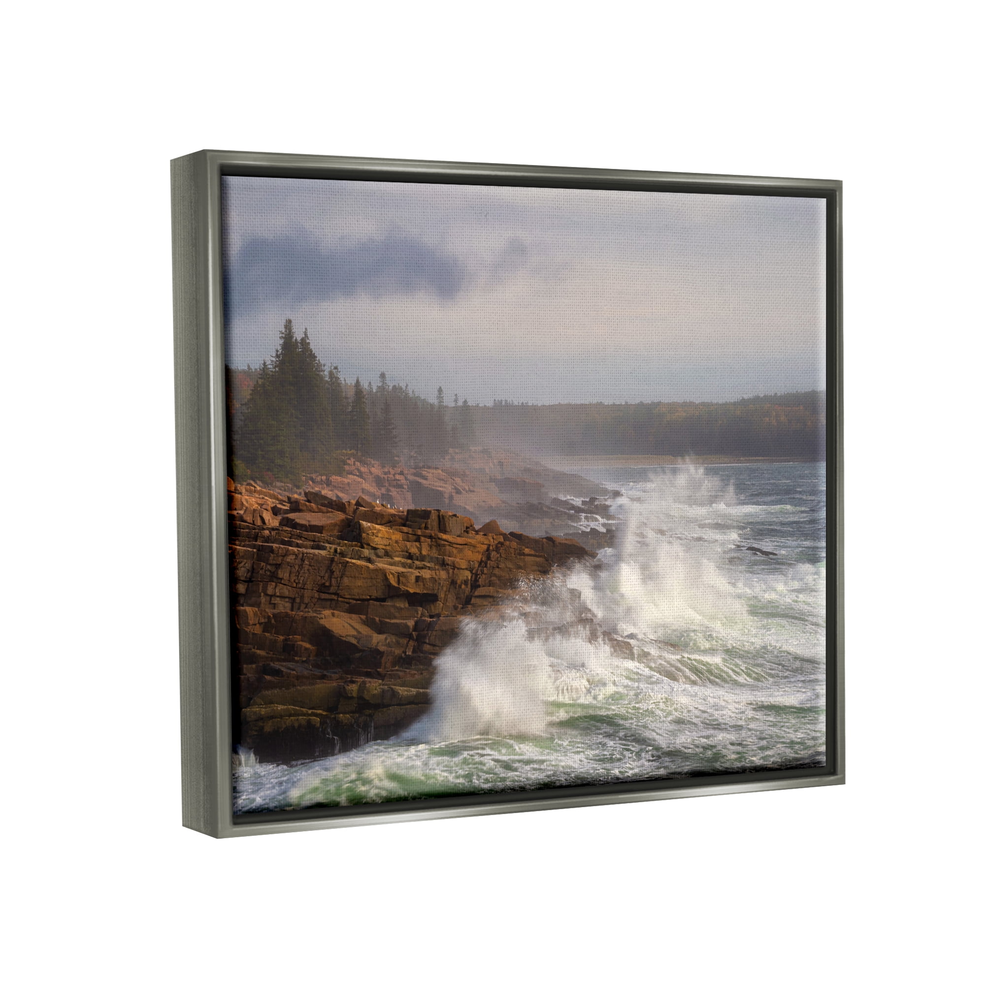 Stupell Industries Rough Waves on Cliff Landscape Photography Gray Floater Framed Canvas Art Print Wall Art, 21 x 17