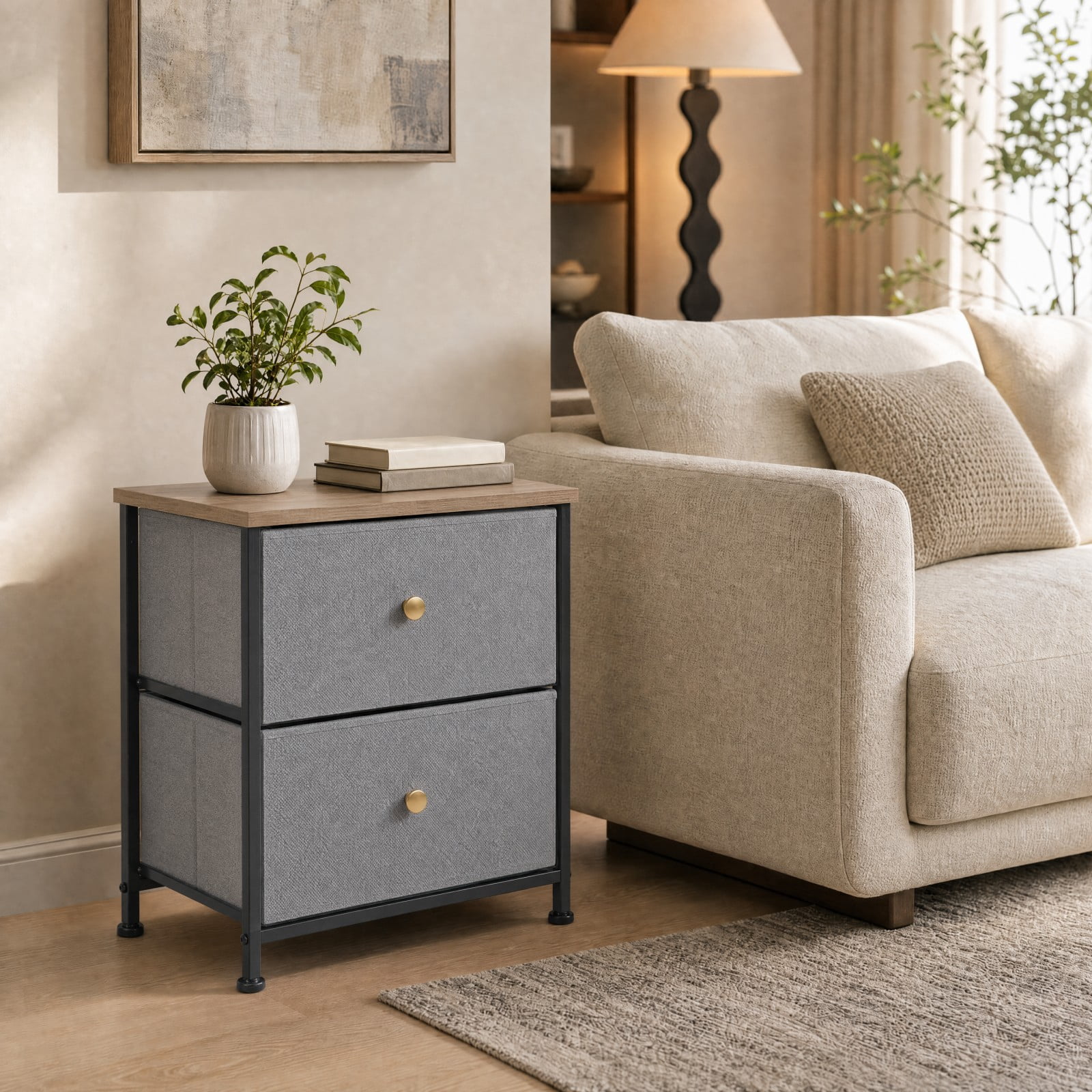 Telyra Fabric Nightstand with 2 Drawers 20" Bedside Table with Wood Top and Steel Frame Small Storage Organizer, Blue Gray