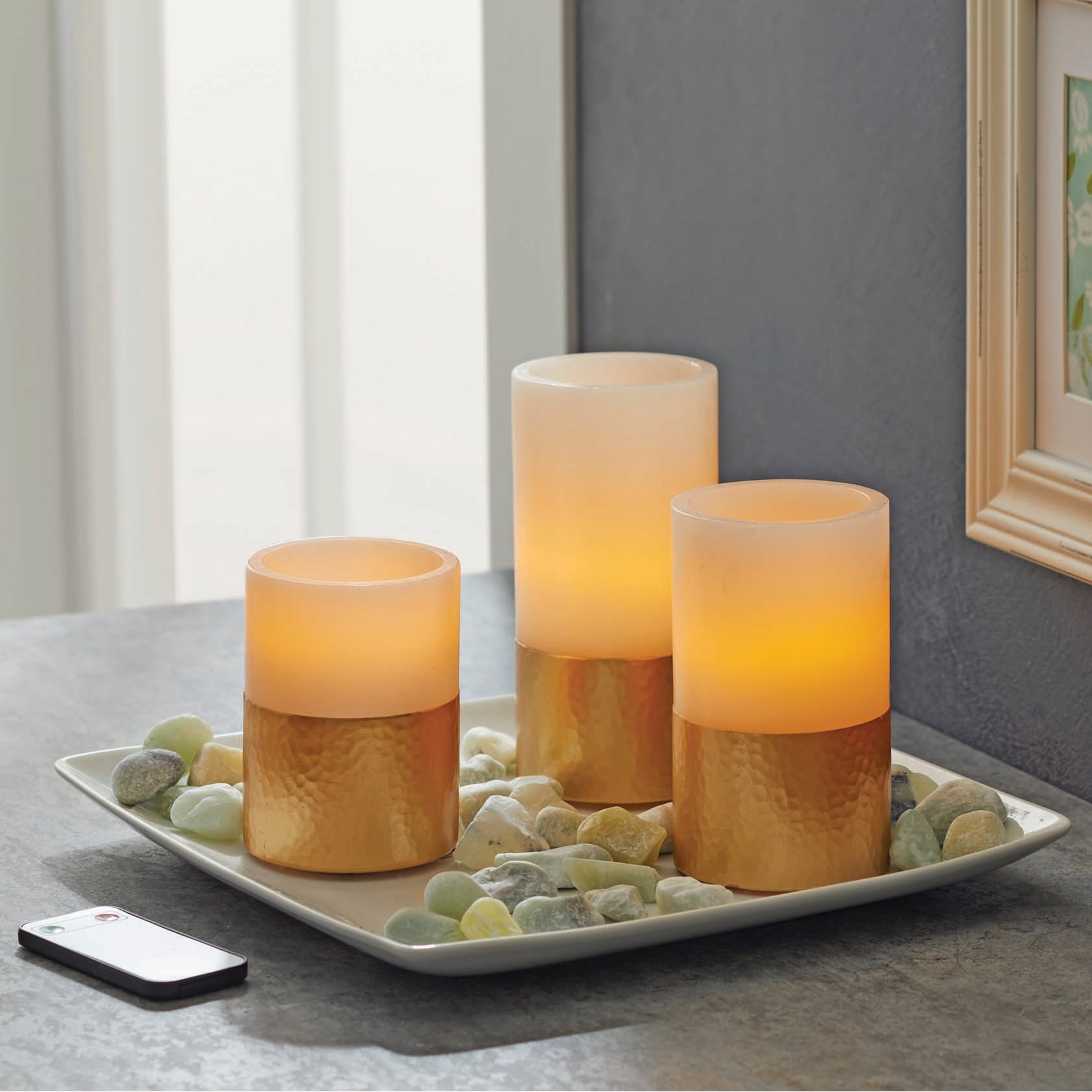 Better Homes & Gardens 3 Pack Flameless LED Pillar Candles, Hammered Metallic