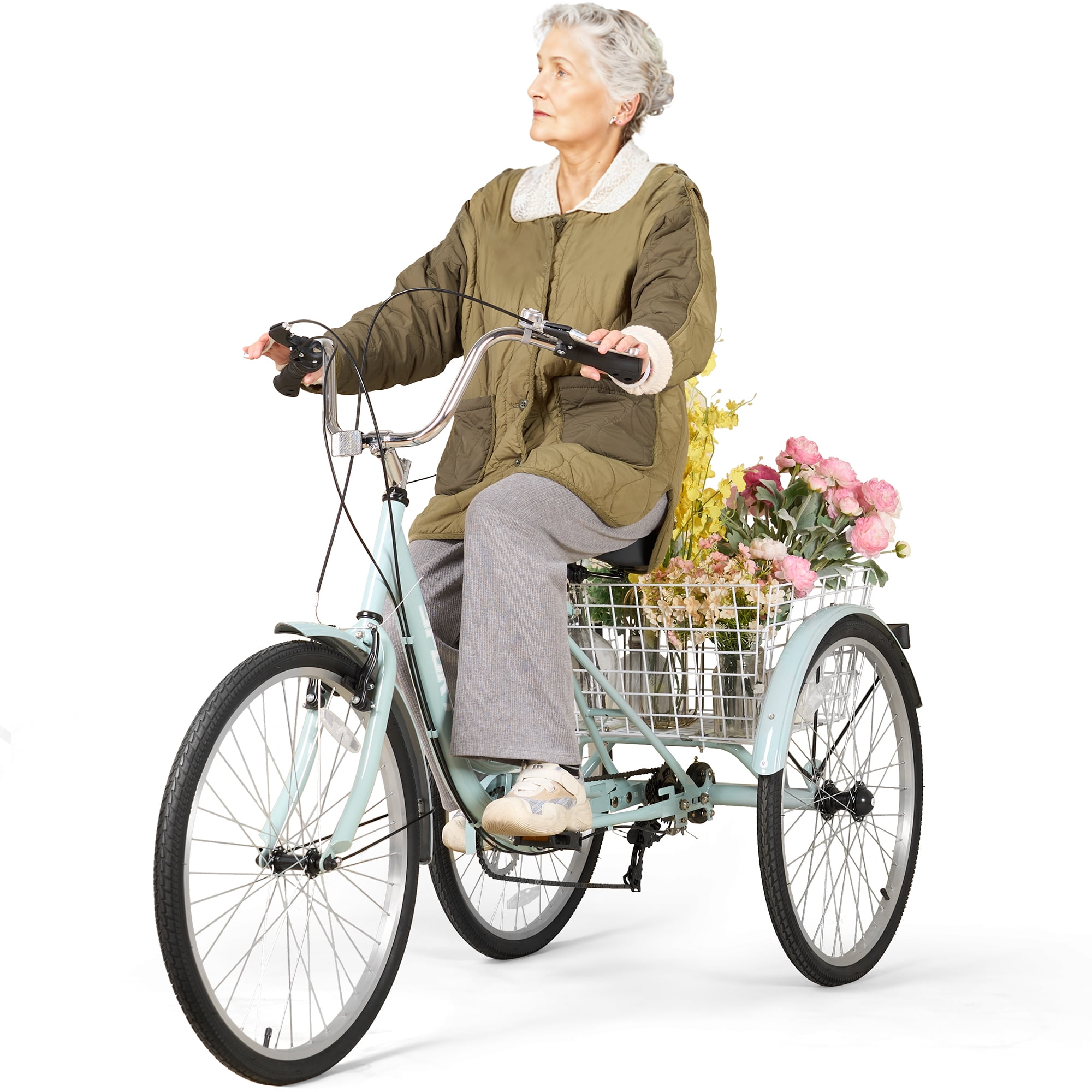 Naipo Adult Tricycle 7 Speed Trikes 3 Wheel  26'' Bikes for Adults, Trike for Women Men,  Rear Removable Wheeled Baskets - Seniors & Commuters, 350 lb - Green