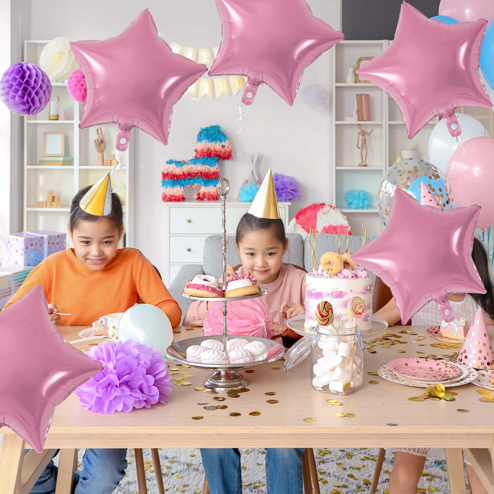 Unique Bargains 10Pcs Helium Balloons with Ribbon Star Pattern Pink