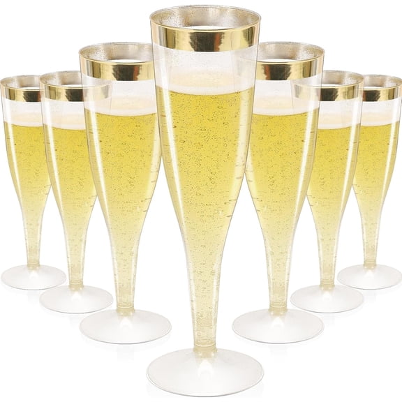 36 Pack Plastic Champagne Flutes, 6.5 Oz Plastic Champagne Flutes Disposable, Gold Rim & Glitter Gold Plastic Champagne Glasses for Parties Wedding New Years Eve Party Supplies