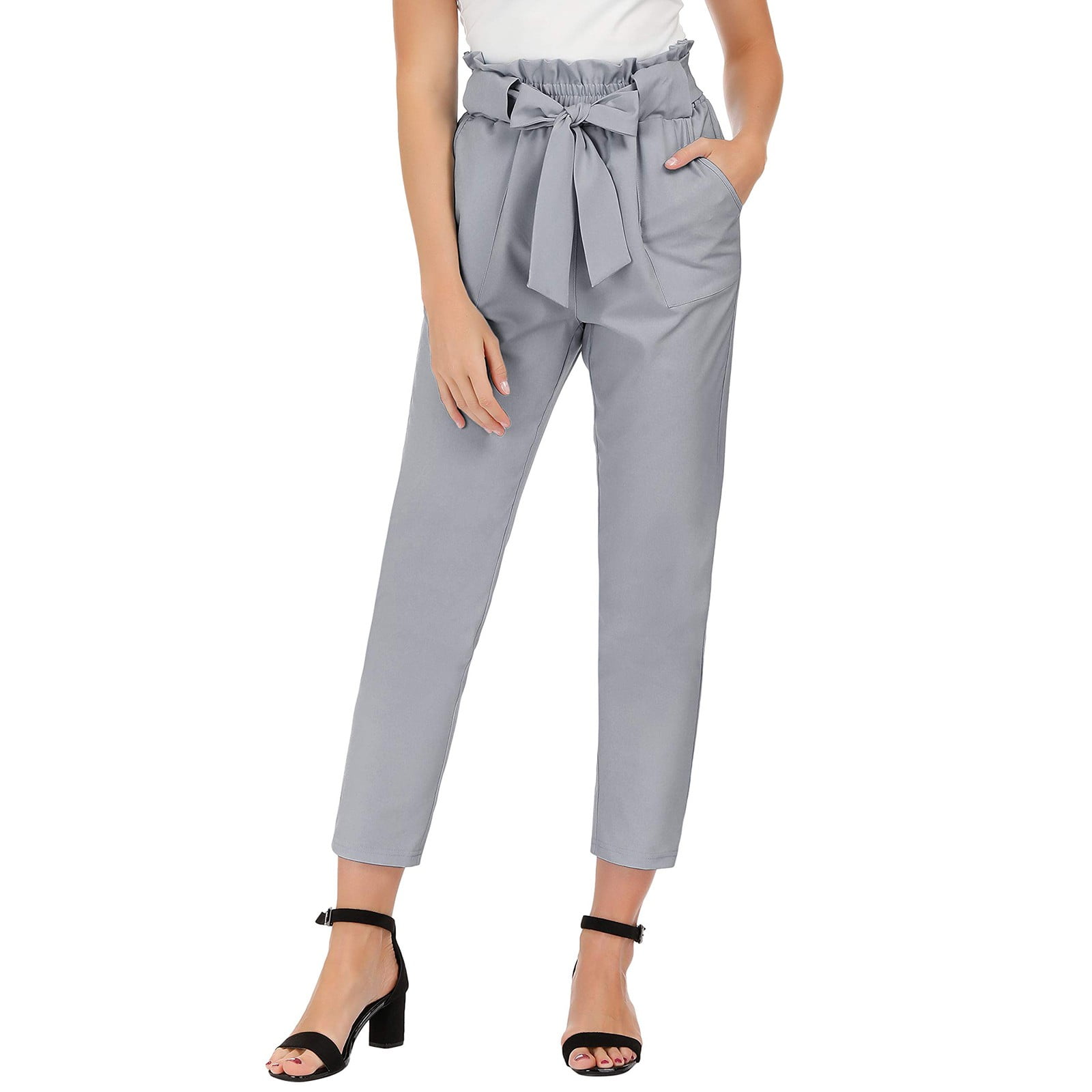 Women's Pants Trouser Slim Casual Cropped Paper Bag Waist Pants With Pockets  Plus Size Pants Grey XXL - Walmart.com