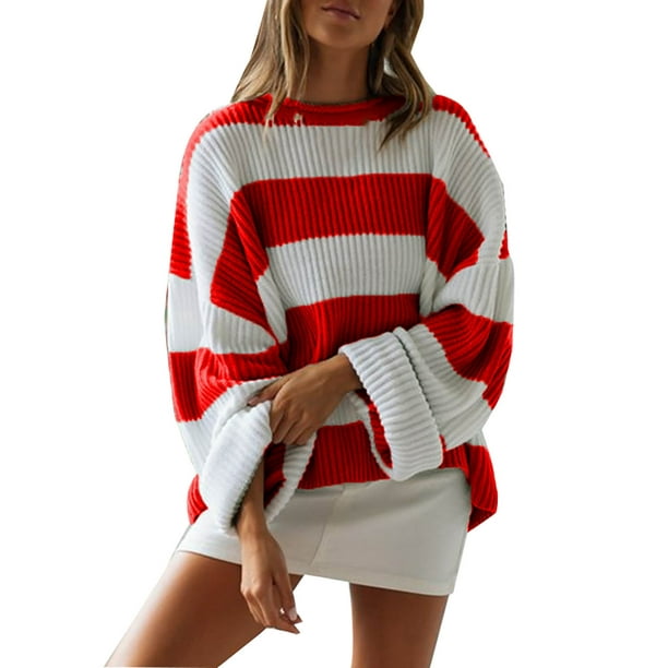 PMUYBHF Female Knit Sweater for Women Women's Autumn Winter Sweater Roll  Neck Striped Long Sleeve Color Blocking Knit Sweater L 