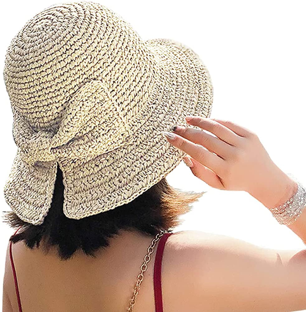 Yonger Lady Sun Hat Wide Brim Straw Beach Cap Soft Summer Linen Straw Sun Hat
