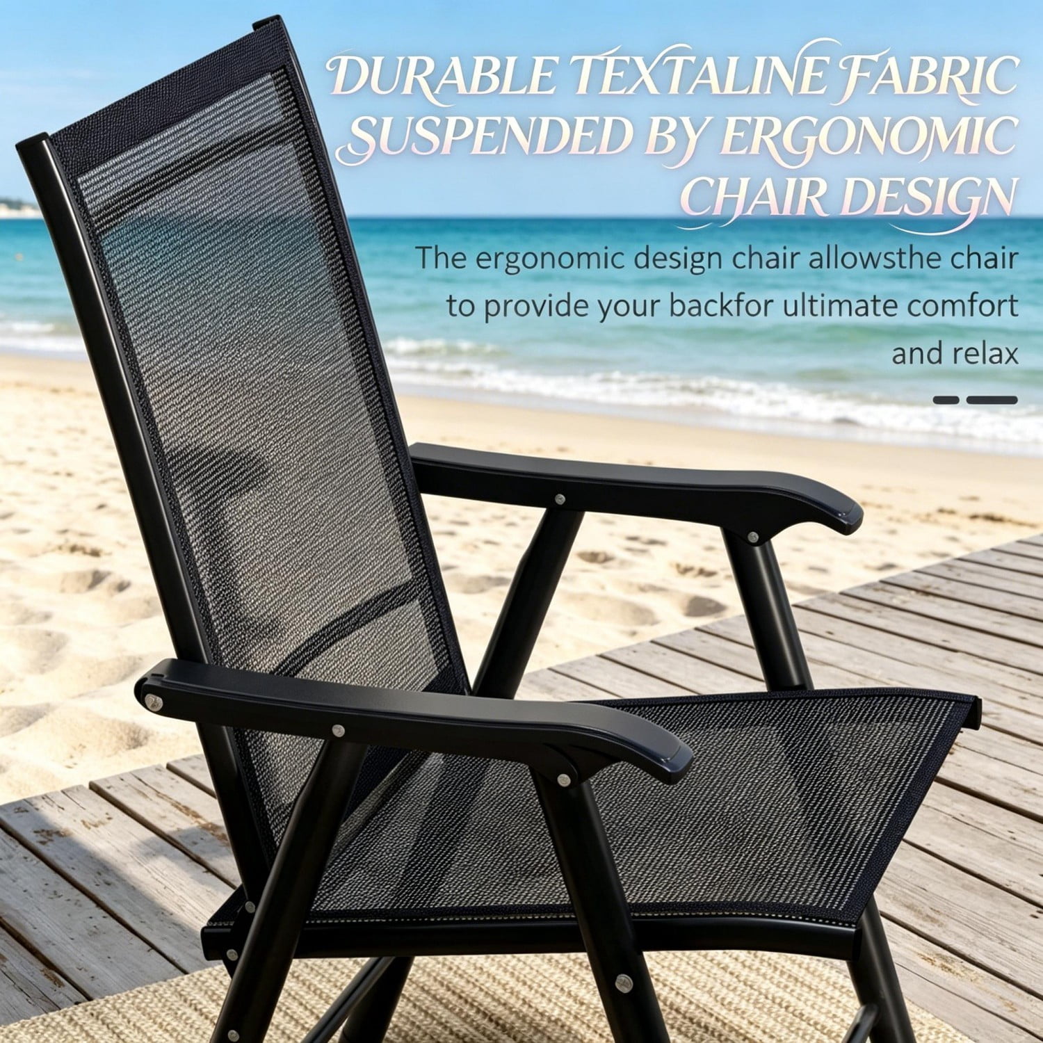 Outdoor Folding Chairs Set of 4, Portable Lawn Chairs with Breathable Sling Mesh, Powder-Coated Steel Frame, Armrests for Camping, Patio, Beach, Events, Black