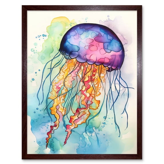Jellyfish Swimming Folk Art Watercolour Painting Art Print Framed Poster Wall Decor 12x16 inch