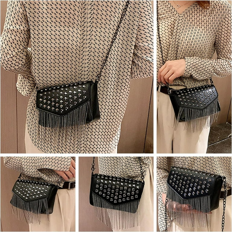 Women Crossbody Handbag Purse Small Rivets Studded Tassel