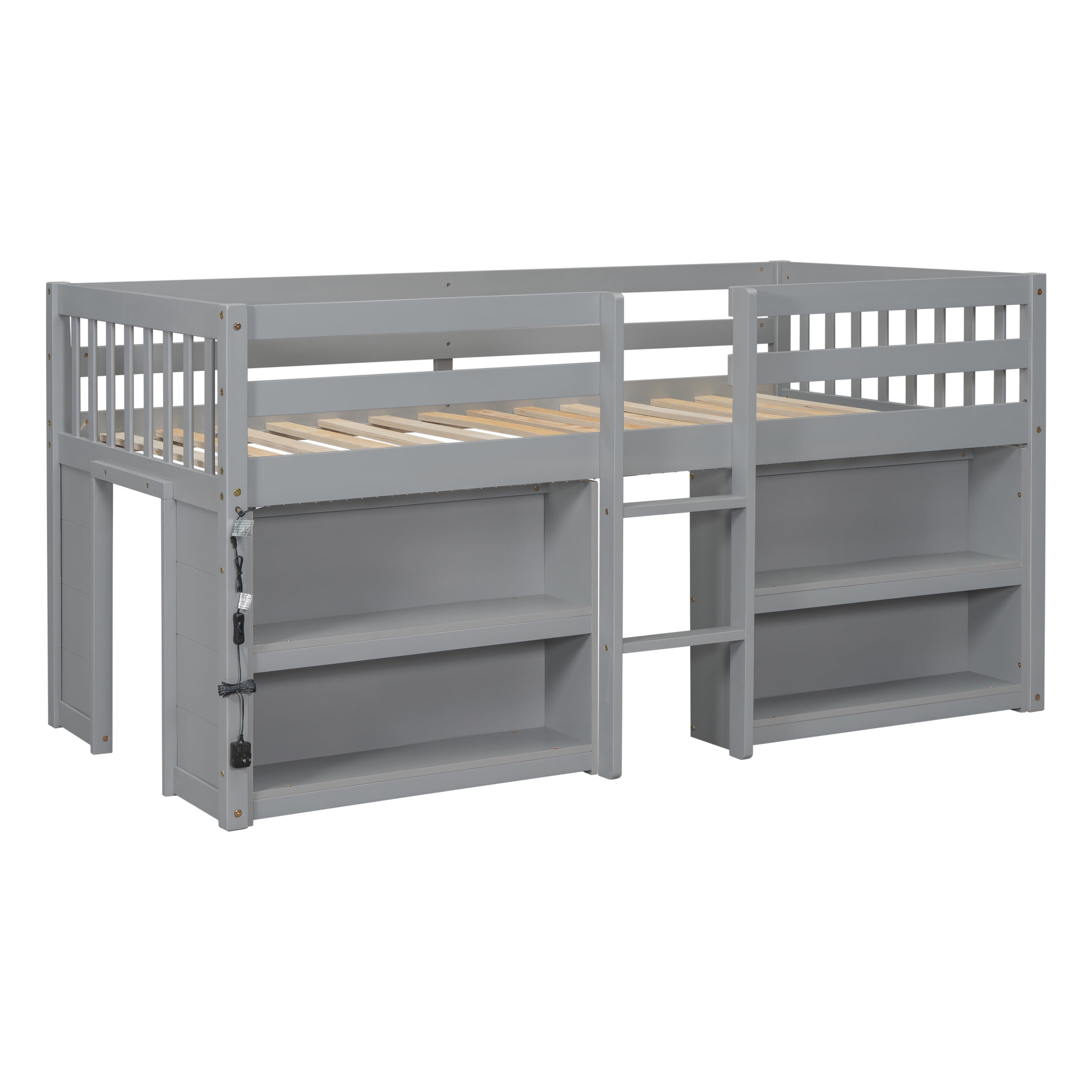 Twin Size Low Loft Bed with Two-Tier Shelves, Wooden House Loft Bed with Storage for Books & Toys, Space Saving for All Ages, Multi-Functional, Grey