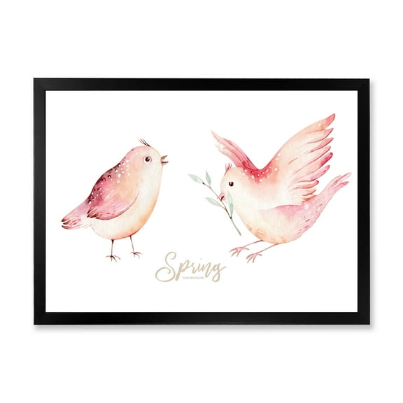 Spring Bird With Green Leaves On White 40 in x 30 in Framed Painting Canvas Art Print, by Designart