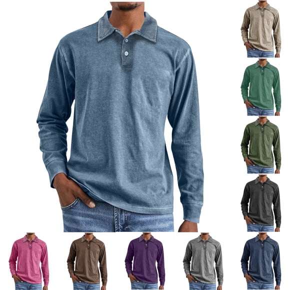 DDAPJ pyju Men's Polo Shirts Long Sleeve Distressed Washed Cotton T-Shirts Fall Casual Golf Polos Pink S
