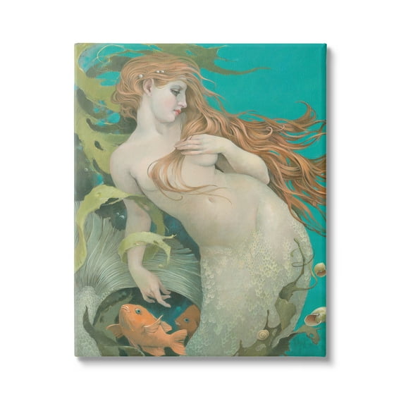 Stupell Industries Mermaid & Fish Underwater Fairy Tales & Fantasy Painting Gallery Wrapped Canvas Print Wall Art, 16 x 20